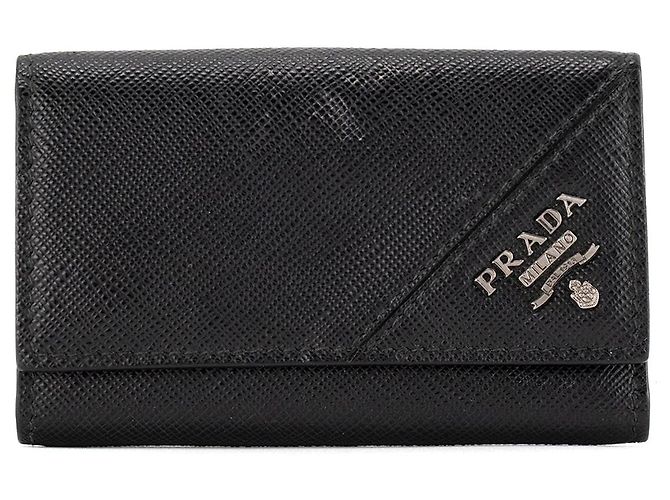 PRADA - Black grained leather key pouch Navy blue