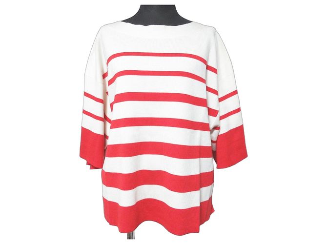 Autre Marque Maglietta in maglia a maniche corte con bordo largo 18G Bianco Rosso