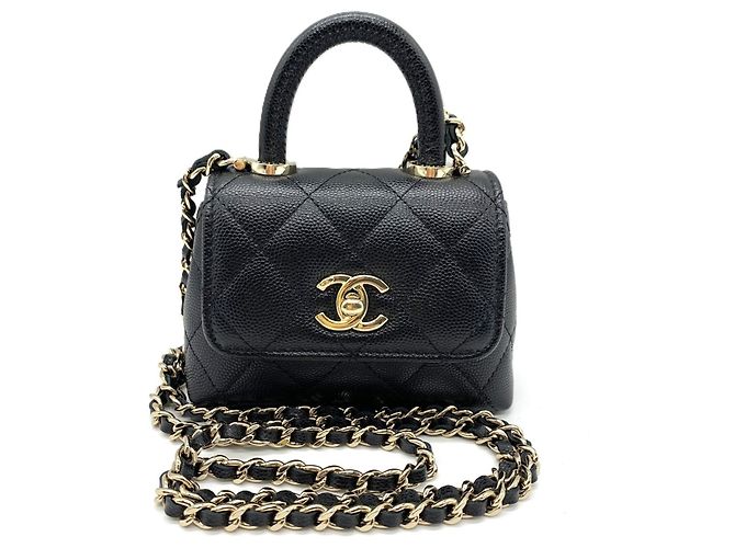 CHANEL Matelassé Coco Handle Micro Cadena Clutch Negra Negro
