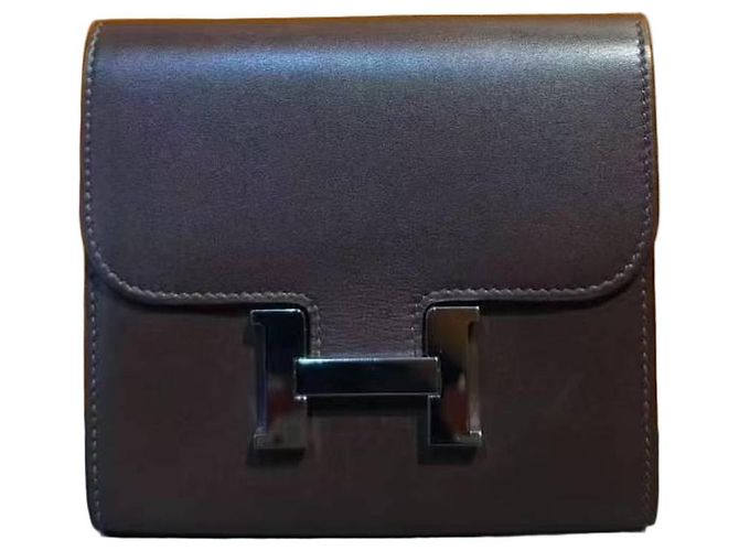Hermès Love Story Constance Compact Wallet Saddle Red Box Leather Black