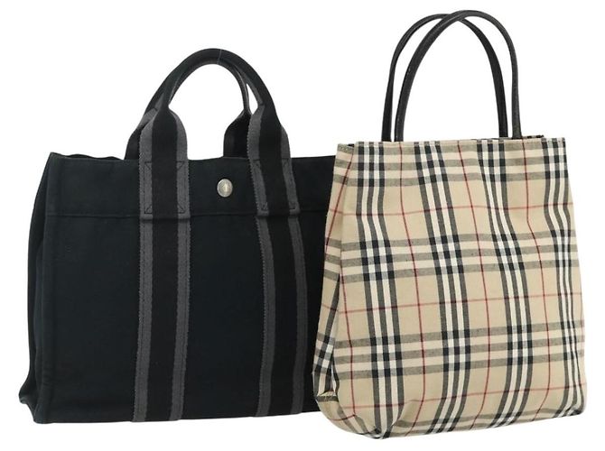 Hermès HERMES Burberry Nova Check Handtasche aus Canvas 2 Set Beige Schwarz Auth BA12351