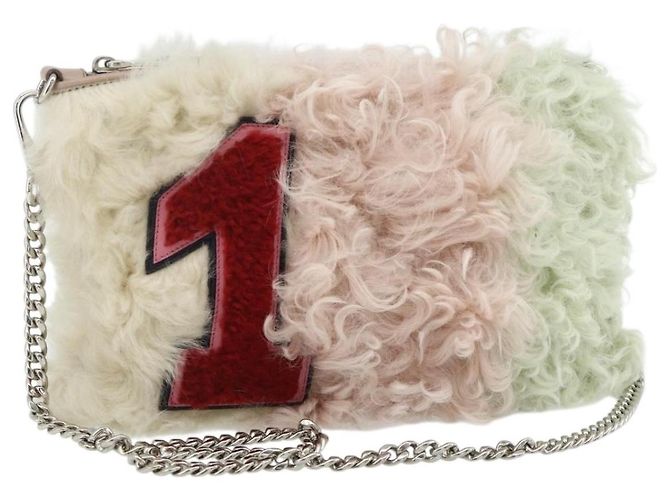 Bolsa de Ombro Miu Miu com Corrente de Pelo Rosa Branco Verde Auth 168873A