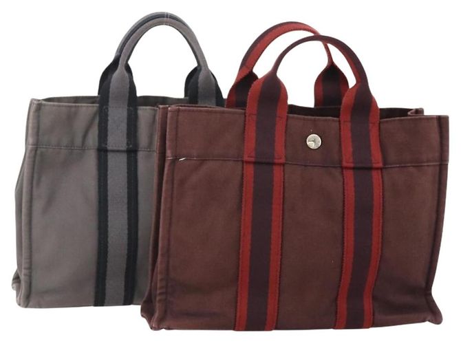 Hermès HERMES Bolsa Fourre Tout PM de Lona 2 Set Gris Burdeos Auth BA12167 Castaño