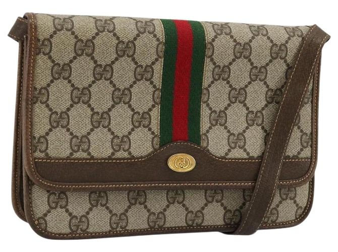 Borsa a Spalla Gucci GG Supreme Web Sherry Line PVC Beige Oro Auth BA12265 D'oro