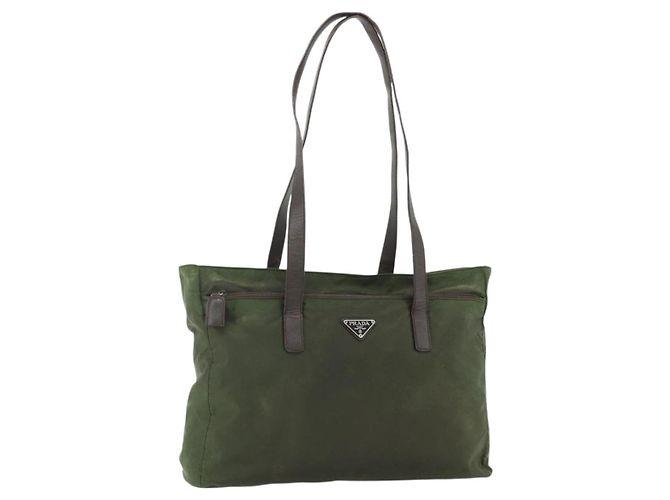 PRADA Tote Bag Nylon Khaki Silver Auth 176359 Silvery
