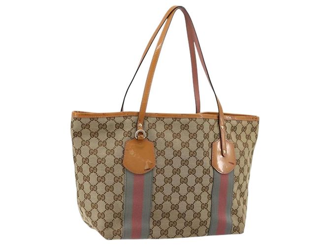 Borsa Tote Gucci GG Canvas Sherry Line Beige Oro 211971 Auth am11431 D'oro
