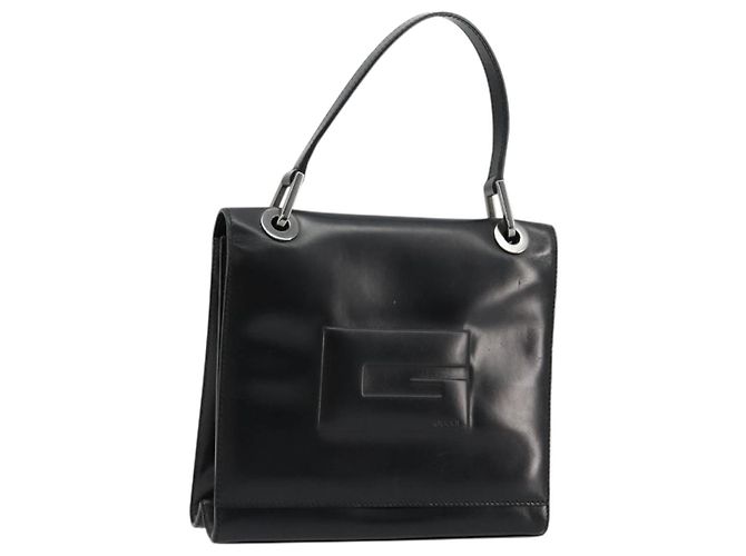 Bolso de mano GUCCI de cuero negro plateado 007 2002 Auth 176212 Plata