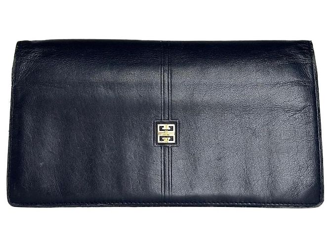Vintage Givenchy Long Bifold Wallet Navy Leather Blue