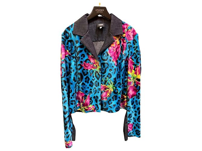 Giacca in denim e suede multicolore con stampe Versace