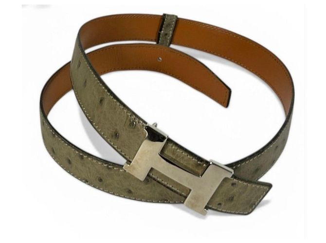 Cinto de couro de avestruz Hermès com fivela H Marrom Bege