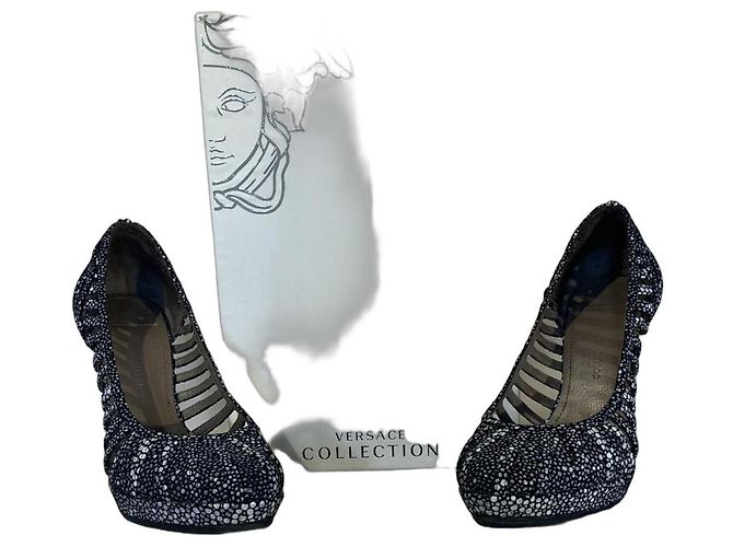Versace High Heels Black White Blue Polka Dot Leather 37
