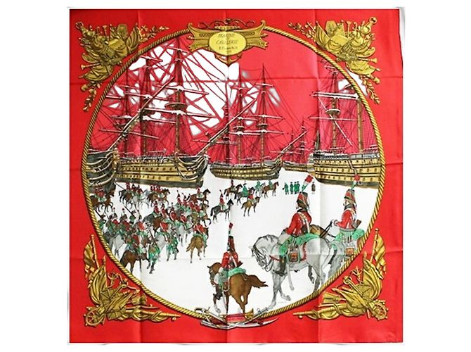 Bufanda de seda Hermès - Marina y Caballería Blanco Roja