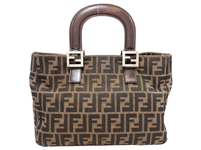 Borsa a mano in tela con motivo Zucca Fendi Marrone