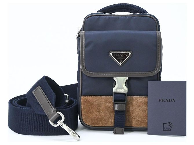 Borsa a Spalla in Camoscio e Nylon Prada Marrone Blu navy
