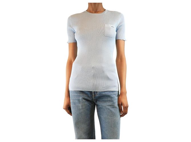 Prada Top de seda azul claro con cuello redondo - talla UK 8