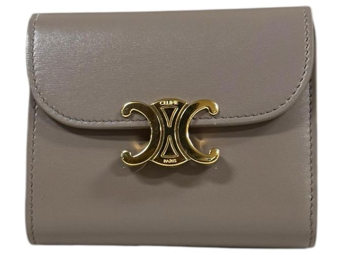 Céline Celine Small Flap Wallet Triomphe Tri-fold Leather Beige