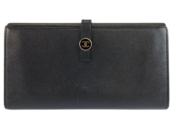 Chanel Coco Button Black Leather Long Wallet