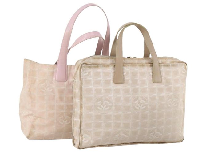 CHANEL New Travel Line Tote Bag Nylon 2 Set Pink Beige CC Auth ti3896