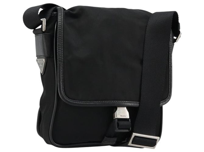 PRADA Shoulder Bag Nylon Leather Black Silver Auth ka4087 Silvery