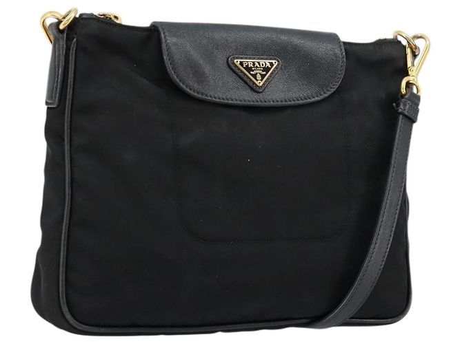 Sac à épaule PRADA en nylon noir et or Auth 176186A Doré