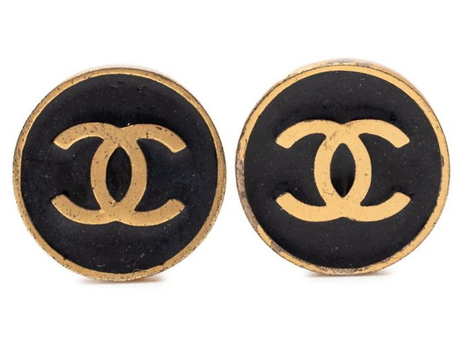 Brincos redondos com clip Coco Mark da Chanel Preto Dourado