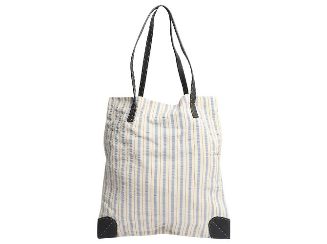 Fendi Bolsa tote listrada creme e azul