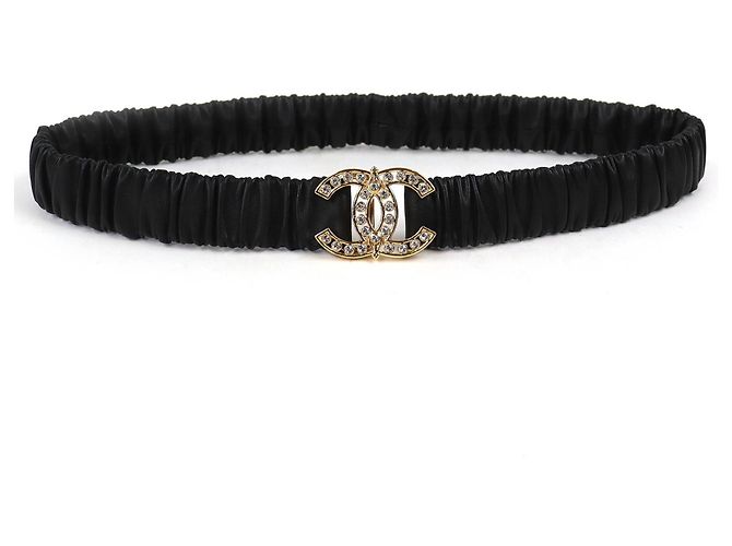 Cinto elástico de couro com o logo Coco da Chanel L23A Preto