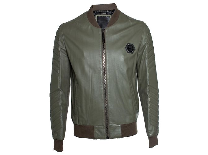 Philipp Plein, jaqueta de couro em caqui Verde