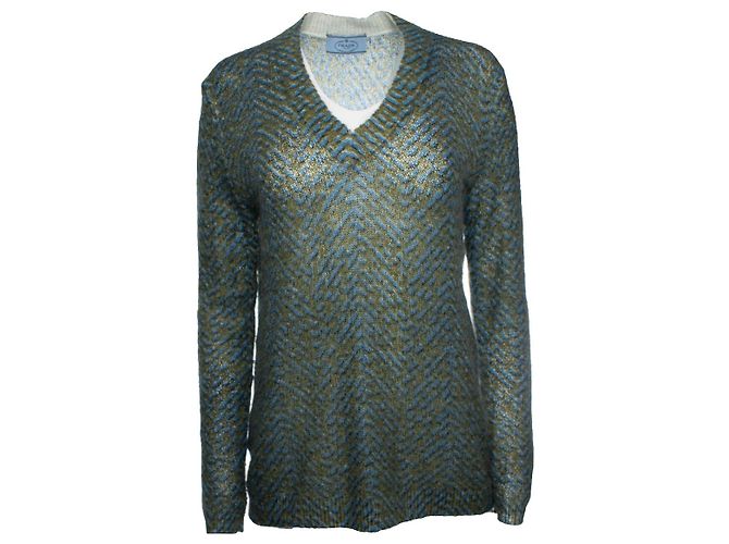 Prada, suéter azul e verde com decote em V Multicor