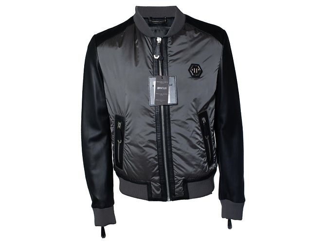 Philipp Plein, Giacca bomber in nylon grigio e pelle