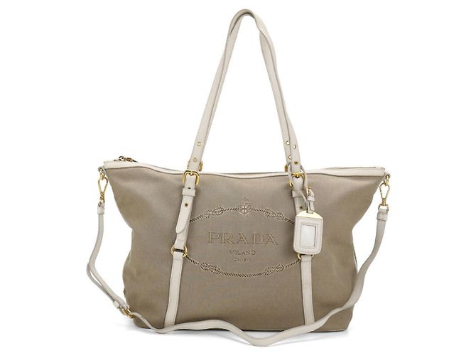 Beige Canvas Tote Bag von Prada