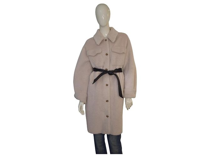 Beige Wollmischung Mantel Maje Paris, taillierte Oversized-Jacke mit Gürtel, Größe 38 EU Roh