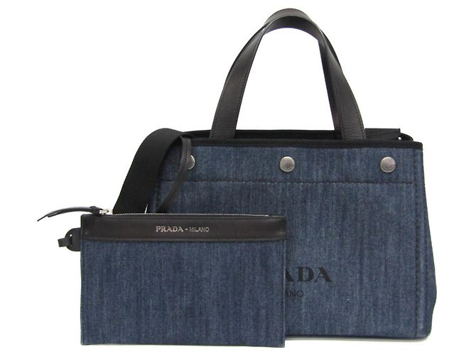 Bolsa tote de couro de bezerro denim Prada Preto Azul