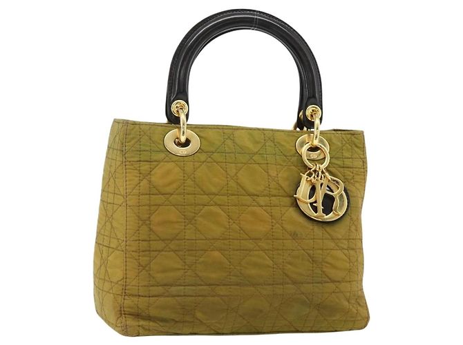 Christian Dior Borsa Lady Dior Canage in nylon verde e oro Auth BA12259 D'oro