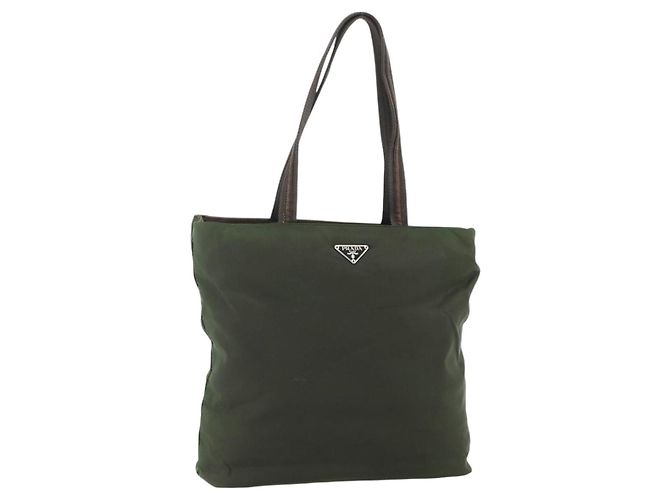 PRADA Tote Bag Nylon Khaki Silver Auth bs34647 Silvery