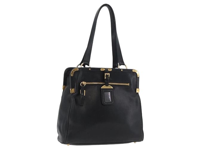 Prada Bolso Tote de Cuero Negro y Dorado Auth 176925A