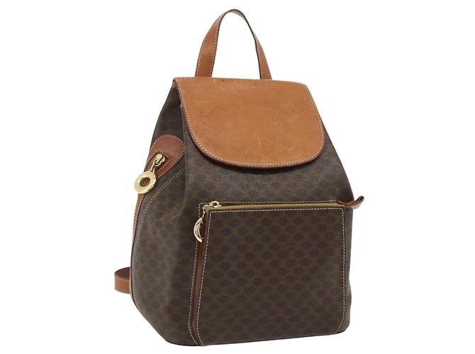 Céline CELINE Macadam Canvas Backpack PVC Leather Brown Gold Auth 176902 Golden
