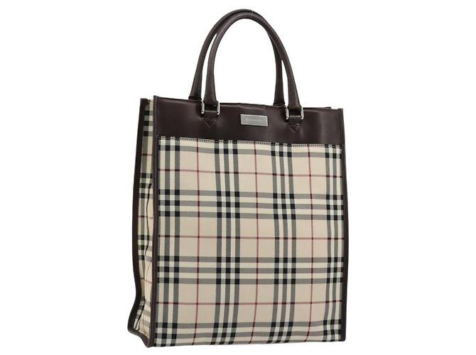 Bolsa de mão em lona e couro Nova Check da BURBERRY Bege Prata Auth ka4074A