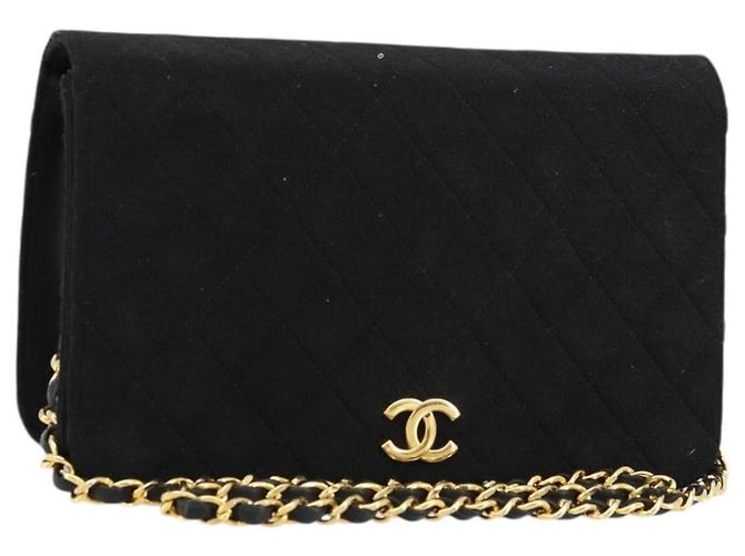 CHANEL Borsa a Spalla Matelassé Catena Cotone Nero Oro CC Auth bs34514 D'oro