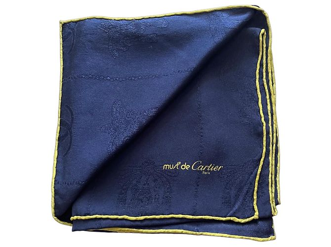 Carré Must de Cartier Marinho e Verde 100% Seda Brocada Azul marinho