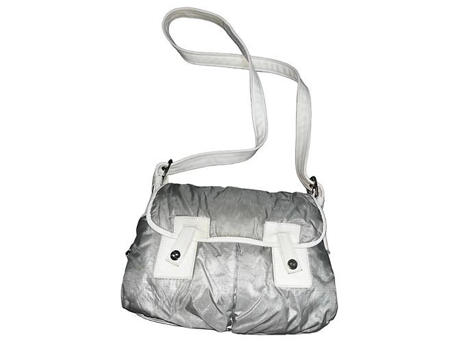 Edge Céline Celine Bolsa de ombro em nylon prateado e couro branco Prata