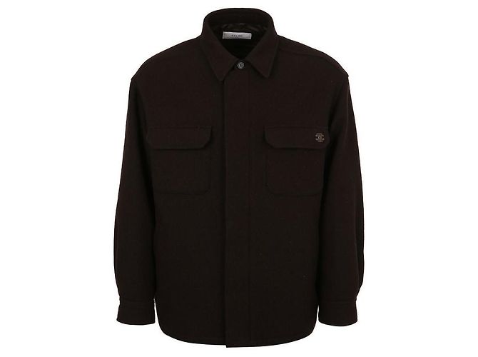 Céline Triomphe Embroidered Wool Flannel Overshirt Black