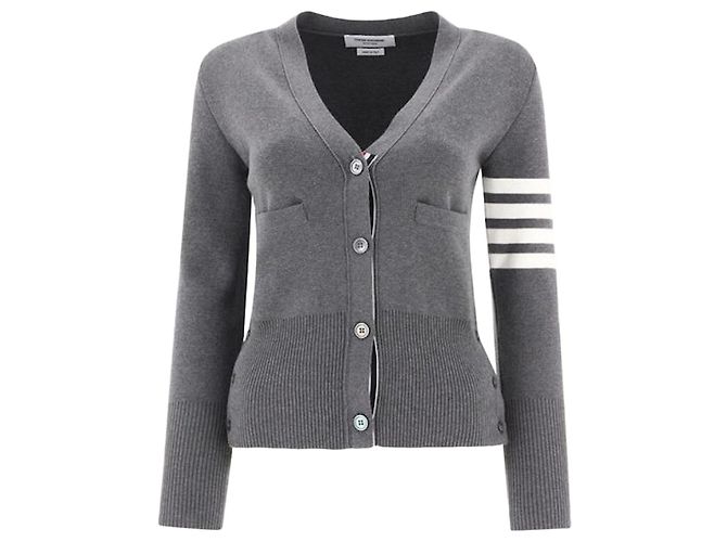 Thom Browne Cardigã Clássico V-Neck em Algodão Milano Marrom