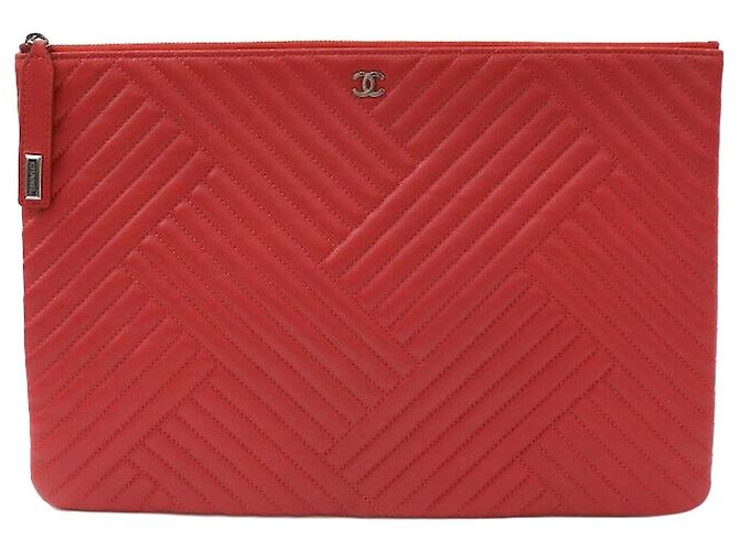 Chanel Chevron Clutch Large Red Silver