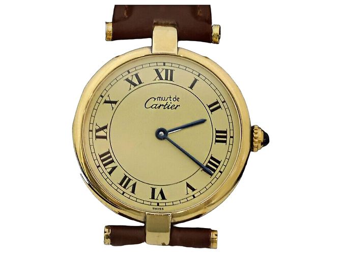 Cartier Relógio de quartzo vermeil mostarda com pulseira de couro marrom e dourado