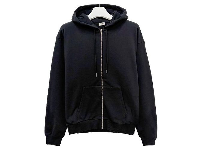 Céline Loose Zip Hooded Jacket with Screen Logo Print Black White