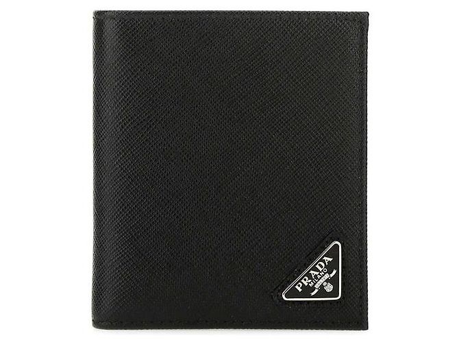 Prada Carteira bi-fold com logo triangular Saffiano Preto