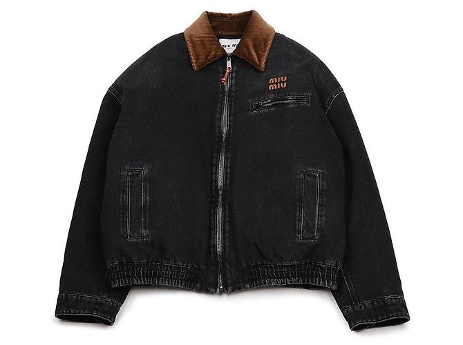 Miu Miu Real Logo Patch Corduroy Collar Denim Zip Jacket Black