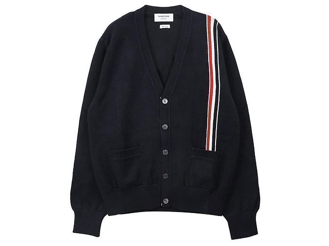 Thom Browne Stripe Intarsia Cotton Cardigan Blue