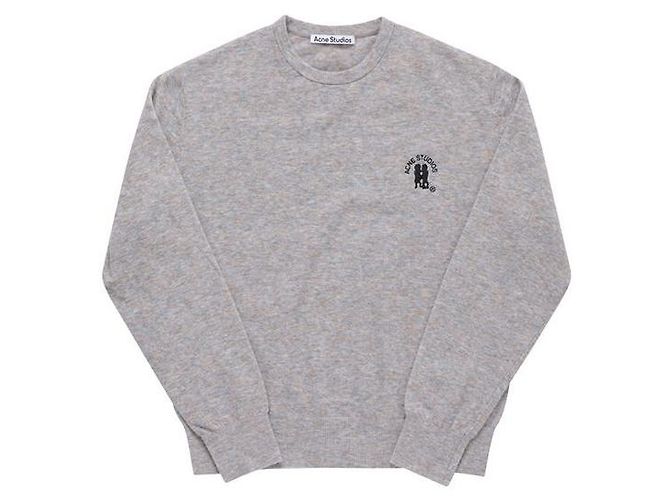 Acne Strickpullover hellgrau-braun meliert mit gesticktem Logo 